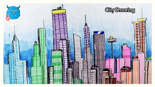 How to Draw City Skyline Easy Cityscape Drawing with Pencil and Marker [upl. by Nahtan]